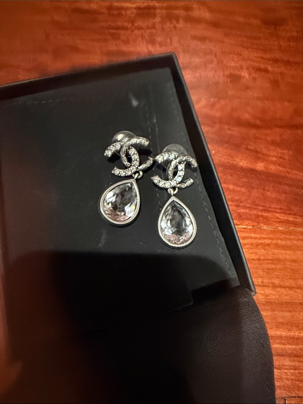 CHANEL Silver-Tone Crystal Teardrop Double C Drop Earrings